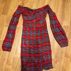 Red Plaid Long Sleeve Dress S